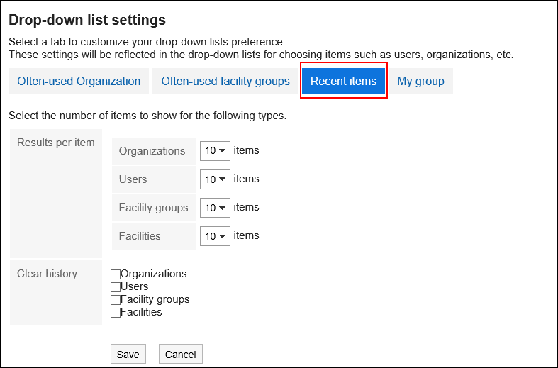 Screenshot: "Recent items" button is highlighted