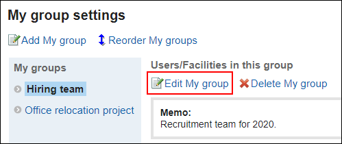 Screenshot: Link to edit My group is highlighted in the My group settings screen