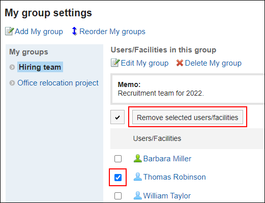 Screenshot: Selecting users to be removed from My group