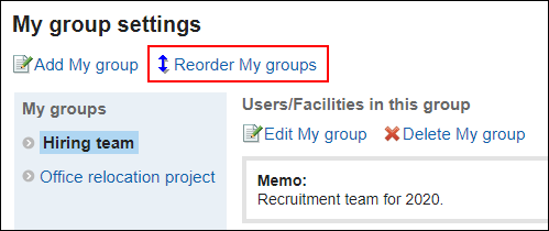 Screenshot: Link to reorder My groups is highlighted in the My group settings screen