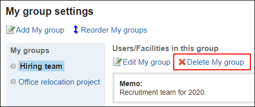 Screenshot: Link to delete My group is highlighted in the My group settings screen