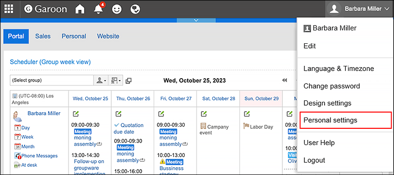 Screenshot: The Personal Settings action link is highlighted in the dropdown list of the user name