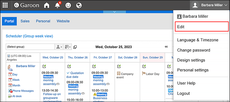 Screenshot: The Edit action link is highlighted in the dropdown list of the user name