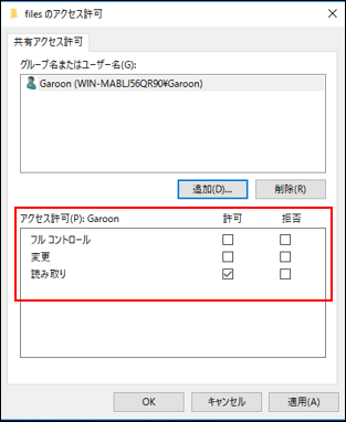 画面キャプチャー：アクセス権を確認している