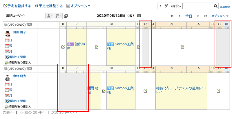 非稼働時間帯が一目でわかる「グループ日表示」画面の例