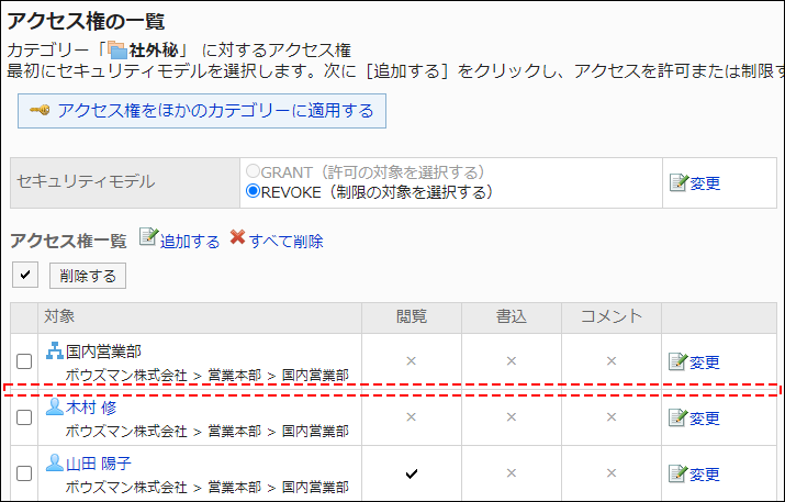 Screenshot: Example of permission settings. Daisuke Kato has been deleted from the user rights list