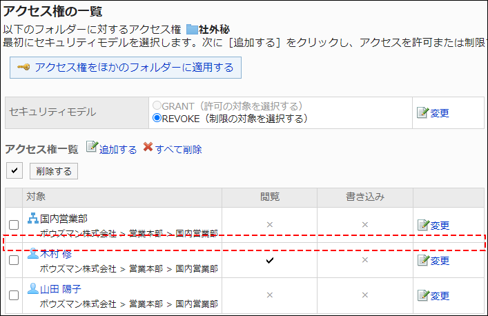 Screenshot: Example of permission settings. Daisuke Kato has been deleted from the user rights list
