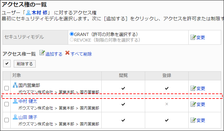 Screenshot: Example of permission settings. Daisuke Kato has been deleted from the user rights list
