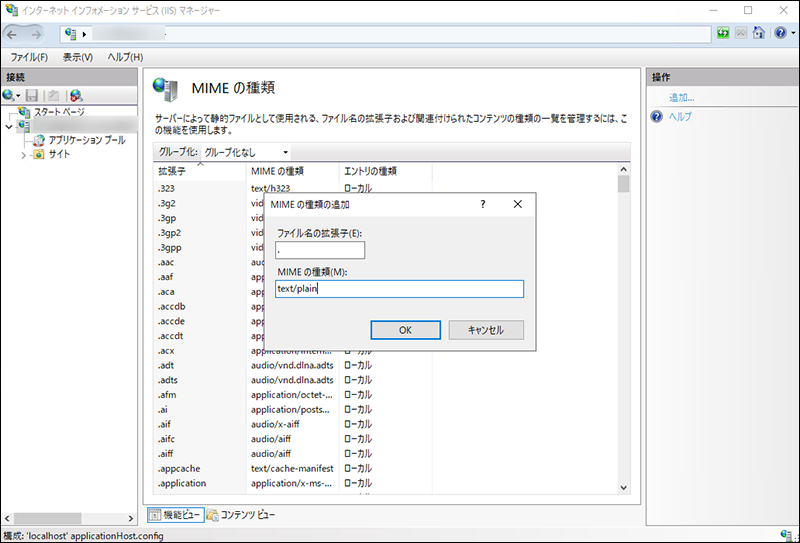 Screenshot: Configuring the file name extension and MIME type