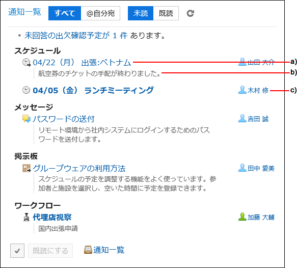 「通知一覧」ポートレットの表示例