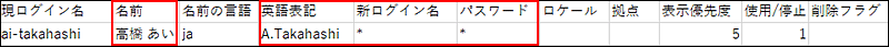 ユーザー情報を変更する場合のCSVファイルの記述例