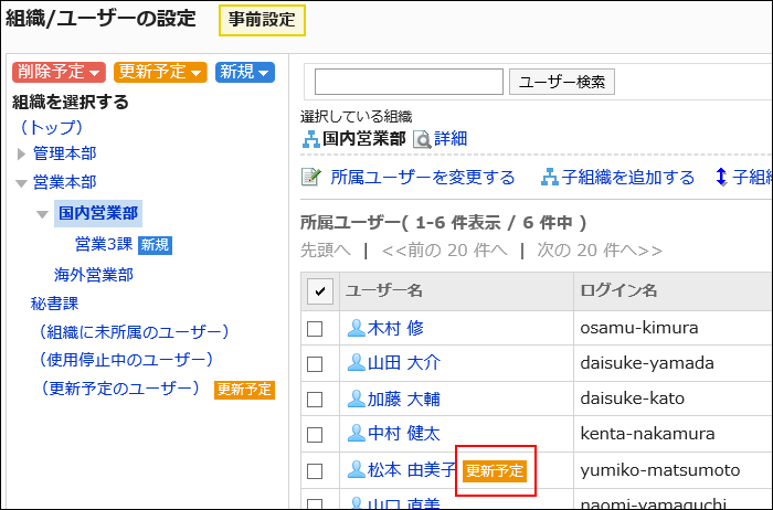 所属させるの操作リンクが赤枠で囲まれている画像