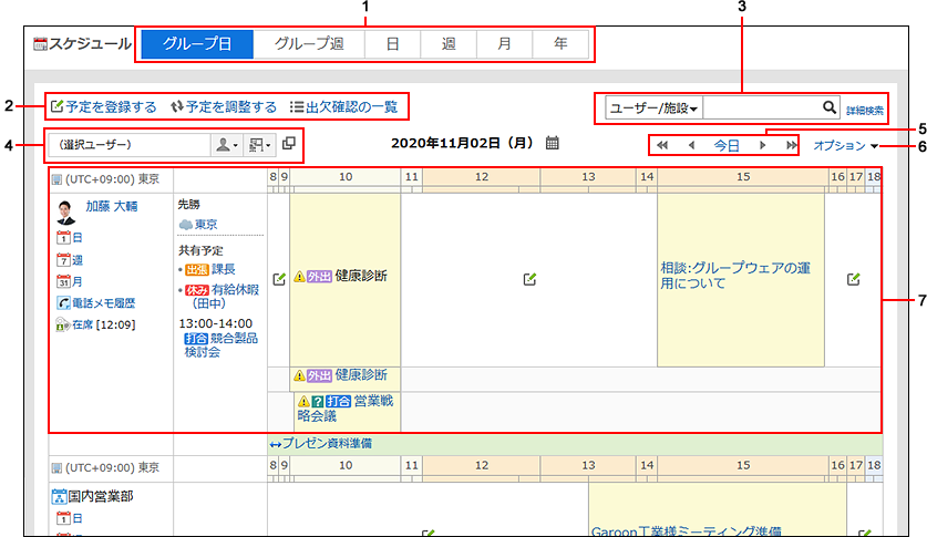 スクリーンショット：グループ日表示画面の例