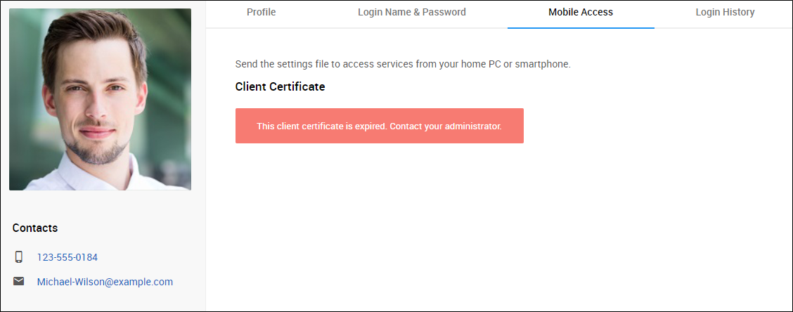 Screenshot: A message indicating the client certificate has expired is displayed