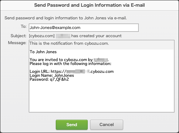 Screenshot: The "Send password and login information via email" dialog is displayed