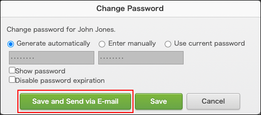 Screenshot: "Save and send via email" is highlighted