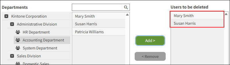 Screenshot: Target users are displayed in the "Users to be deleted" section