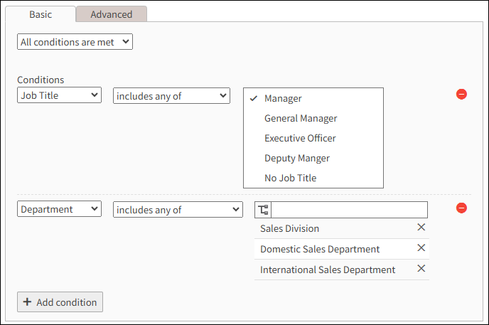 Screenshot: Configuring filter conditions for dynamic groups