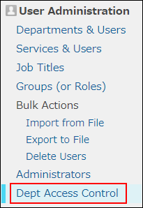 Screenshot: "Dept access control" is highlighted