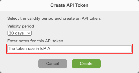 Screenshot: Entering notes for this API token in the "Create API token" dialog