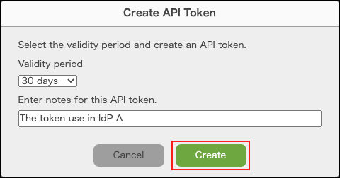 Screenshot: "Create" is highlighted in the "Create API token" dialog