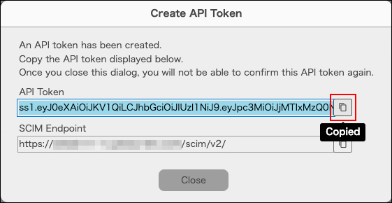 Screenshot: Copying the created API token in the "Create API token" dialog