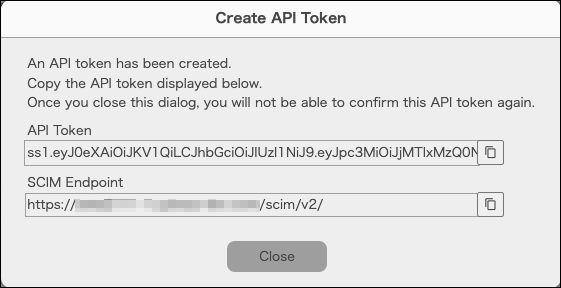 Screenshot: The created API token and the SCIM endpoint are displayed in the "Create API token" dialog