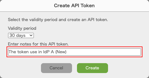 Screenshot: Entering notes for this API token in the "Create API token" dialog