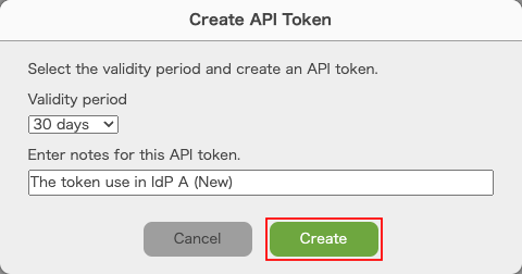 Screenshot: "Create" is highlighted in the "Create API token" dialog