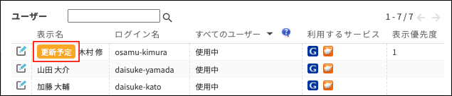 スクリーンショット：「組織とユーザーの設定」画面。「更新予定」が枠線で強調されている
