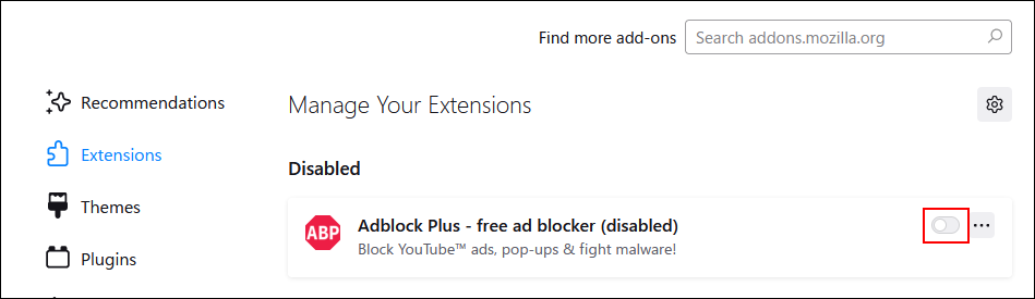 Screen capture: Disabling an add-on