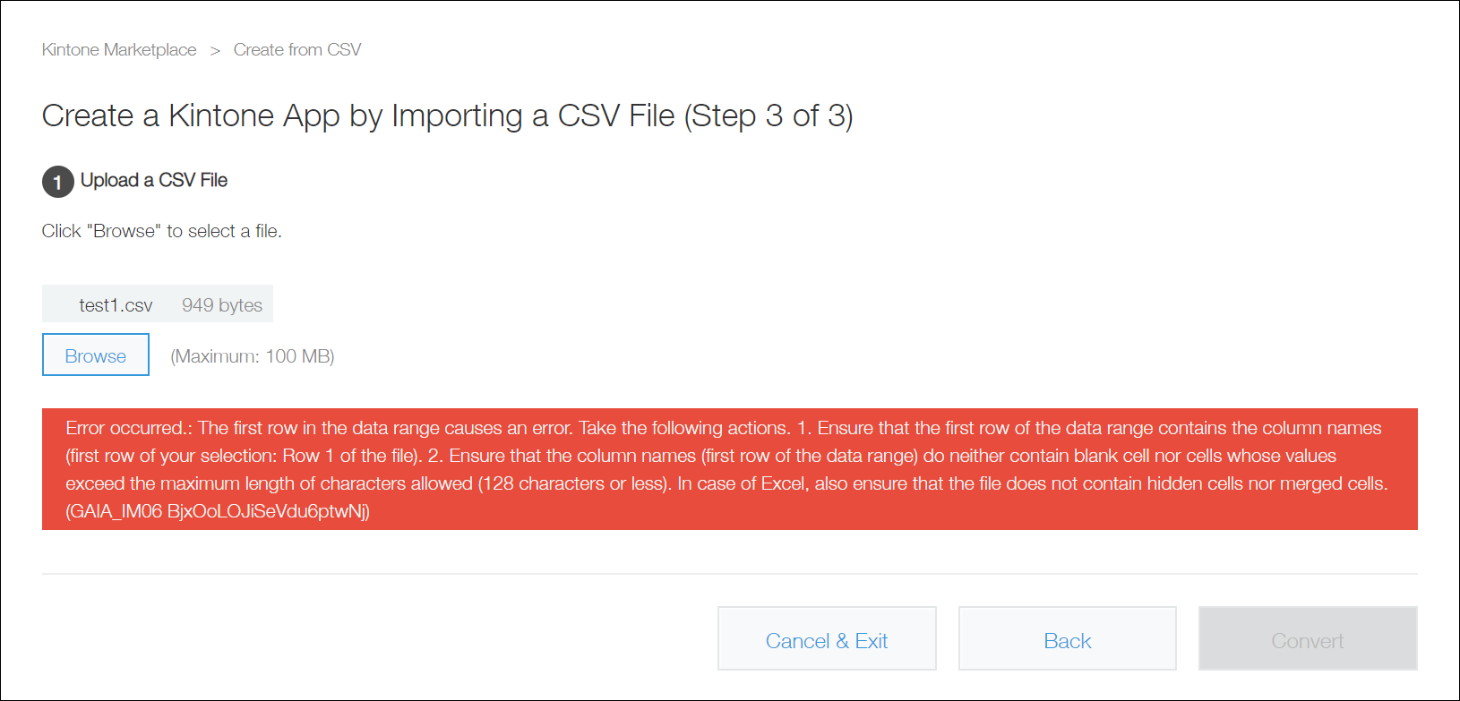 Screenshot: An error message is displayed on the "Create a kintone app by importing a CSV file" screen