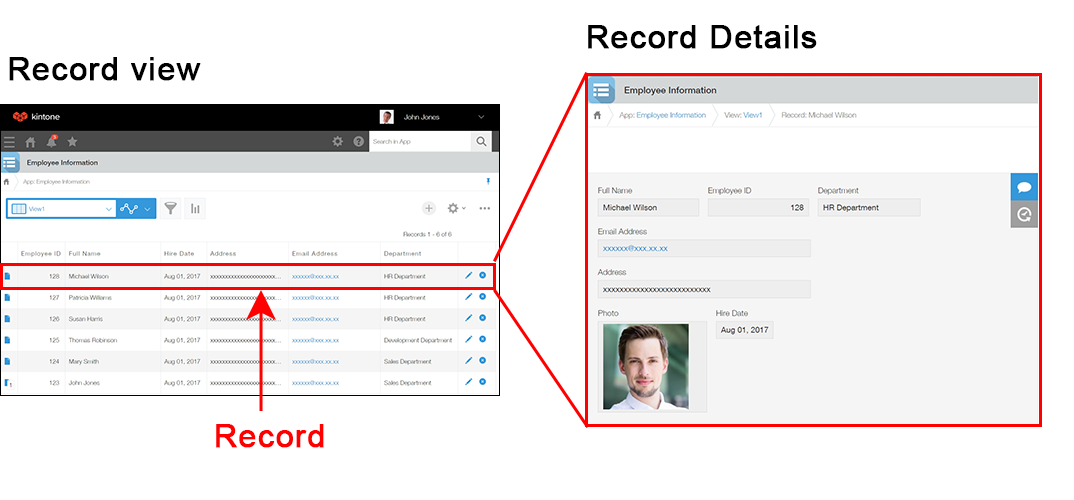 Screenshot: An app's "View" screen and a "Record details" screen are displayed