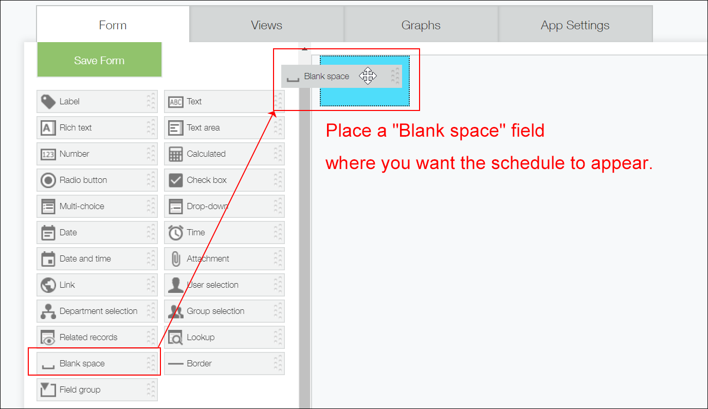 Screenshot: The app's form setting screen that shows a "Blank space" field being placed on the app form