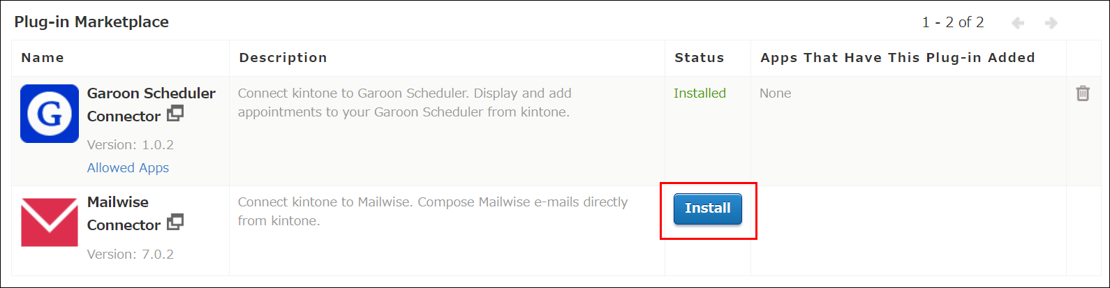 Screenshot: The "Install" button in the "Status" column of the "Plug-ins" screen is outlined in red