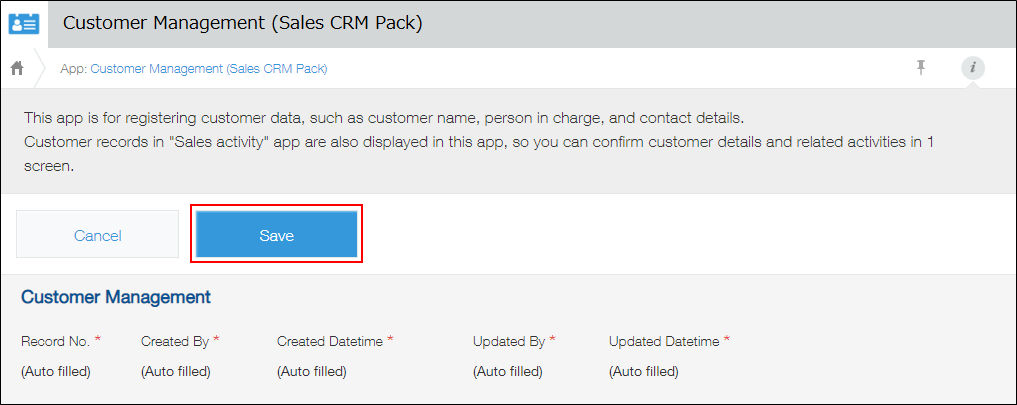 Screenshot: The "New record" screen of the Customer Management app