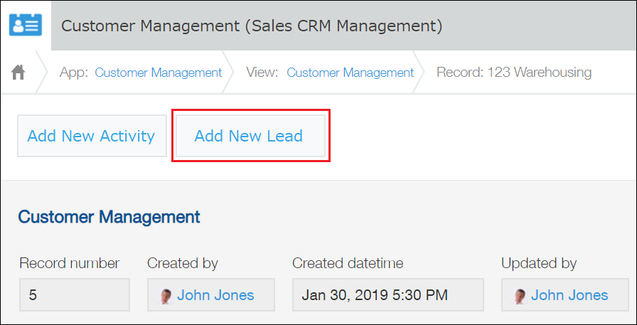 Screenshot: The "Record details" screen for the customer