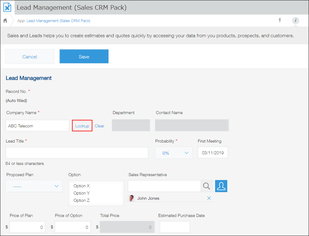 Screenshot: The "New record" screen of the Lead Management app