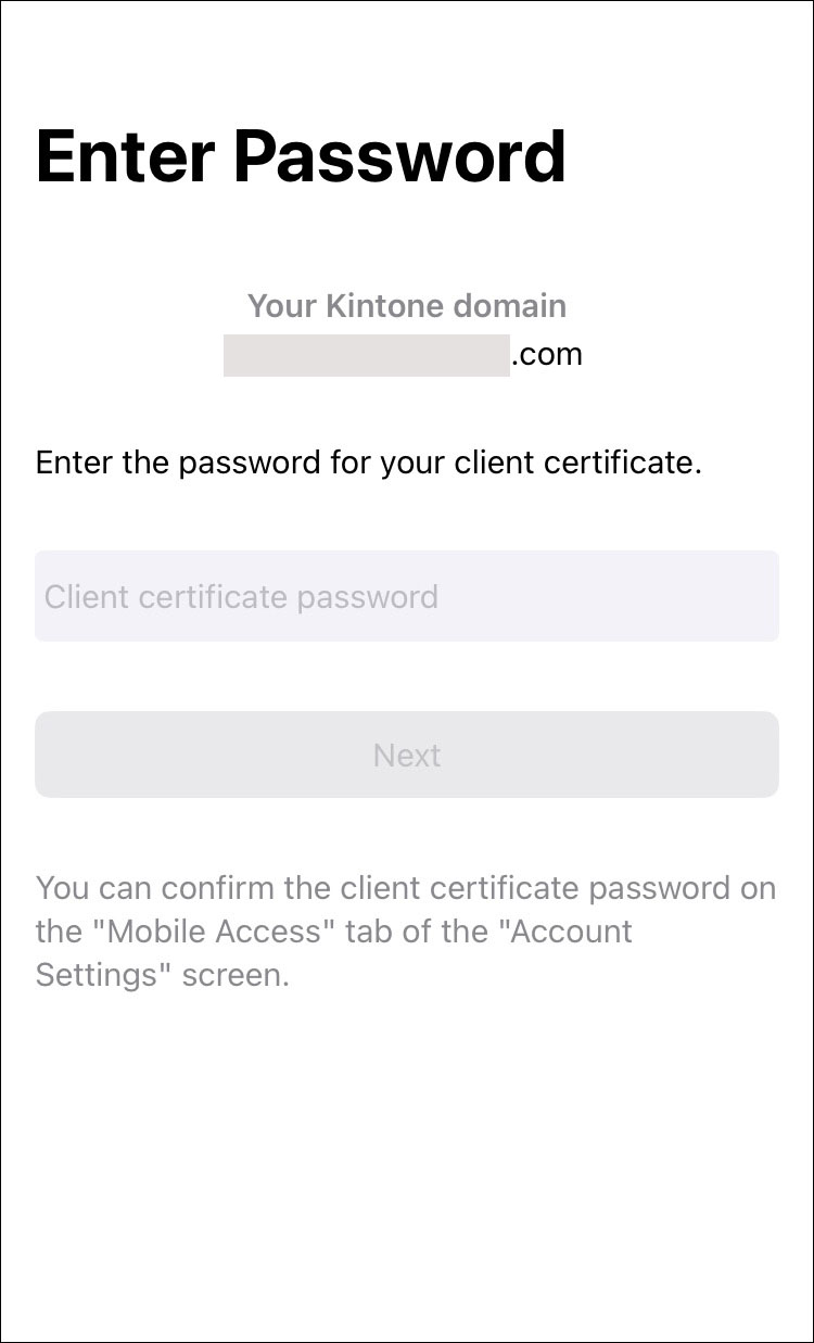Screenshot: The screen for entering a client certificate password is displayed