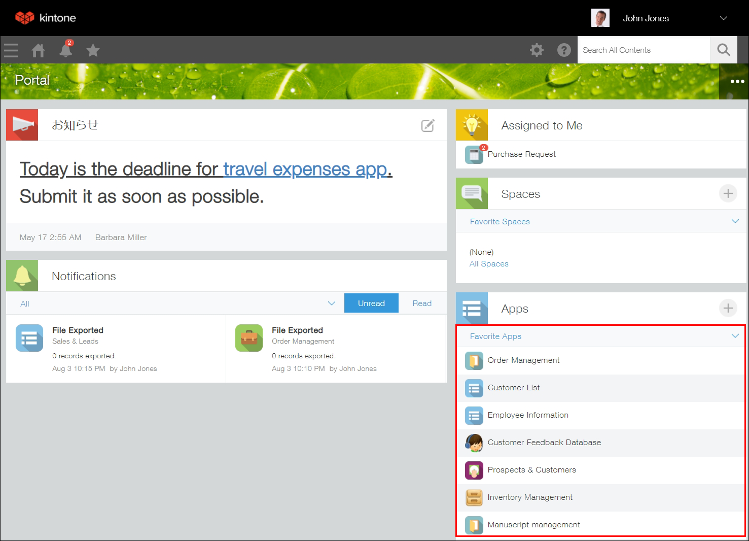 Screenshot: The "Apps" section of the kintone portal is outlined in red