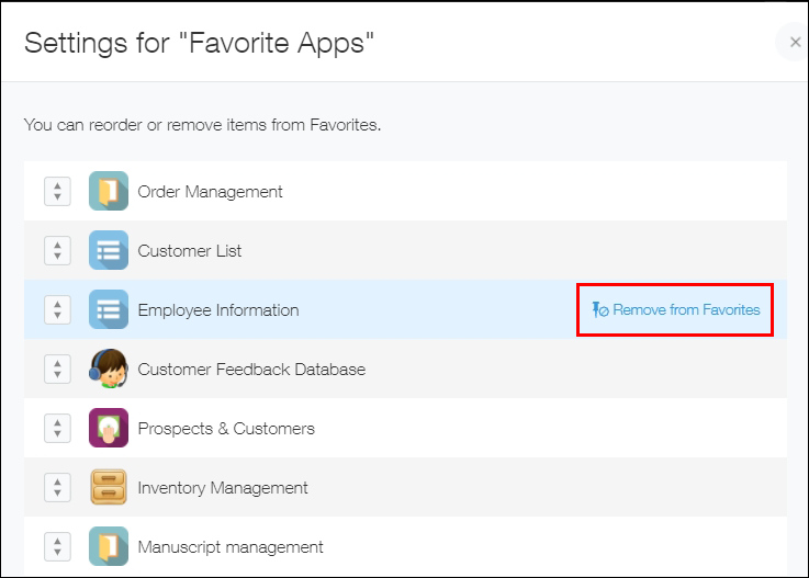 Screenshot: "Remove from favorites" at the left of an app is outlined in red