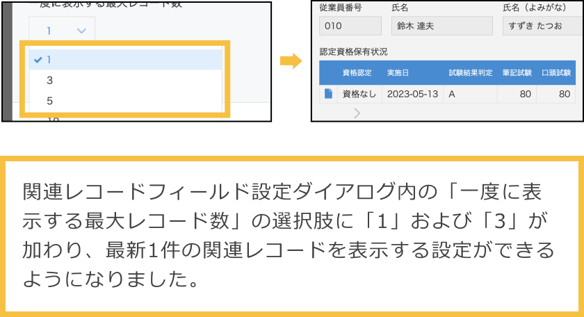 関連レコードフィールド設定ダイアログ内の「一度に表示する最大レコード数」の選択肢に「1」を選択し、