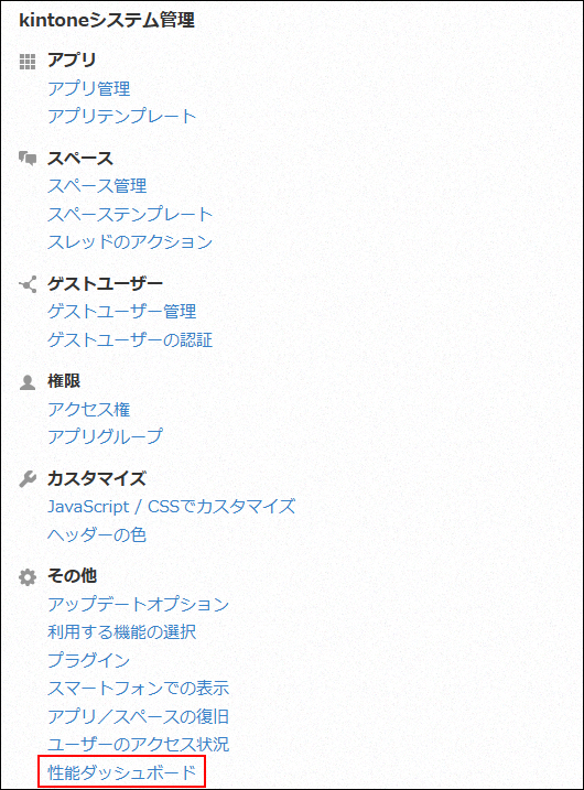 スクリーンショット：［性能ダッシュボード］が強調されている