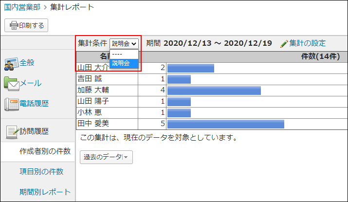 画面キャプチャー：一覧画面で集計条件のメニューを表示させている