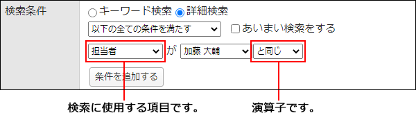 画面キャプチャー：検索に使用する項目と演算子の設定箇所を説明している