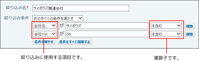 スクリーンショット：絞り込みに使用する項目と演算子の位置を示している