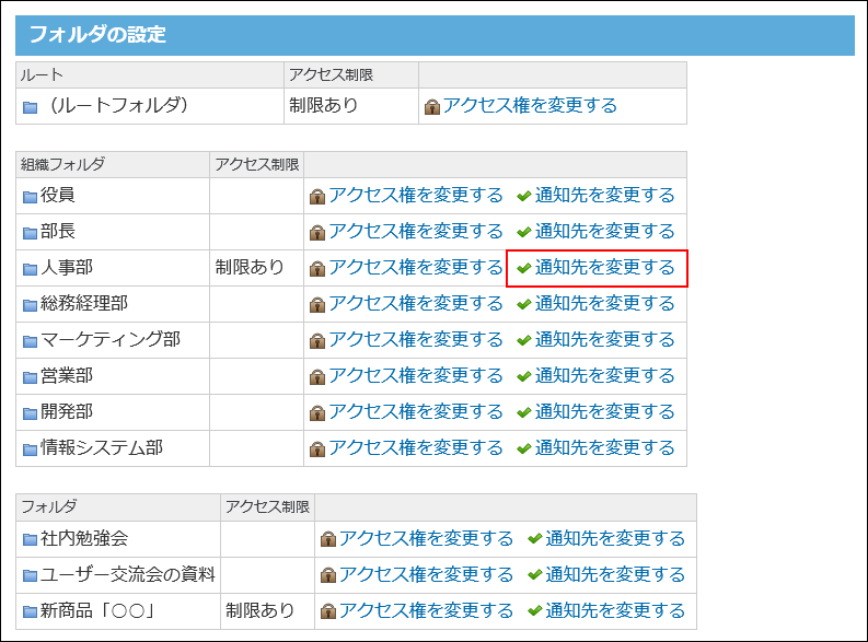 スクリーンショット：通知先を変更する操作リンクが枠線で強調されている