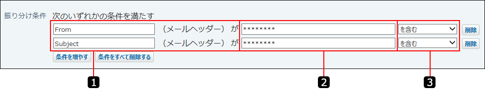 スクリーンショット：振り分け条件を番号付きで説明している