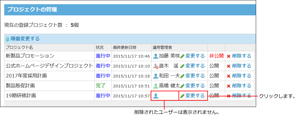 スクリーンショット：削除されたユーザーが空欄で表示されている