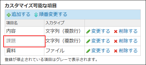 スクリーンショット：項目の設定画面